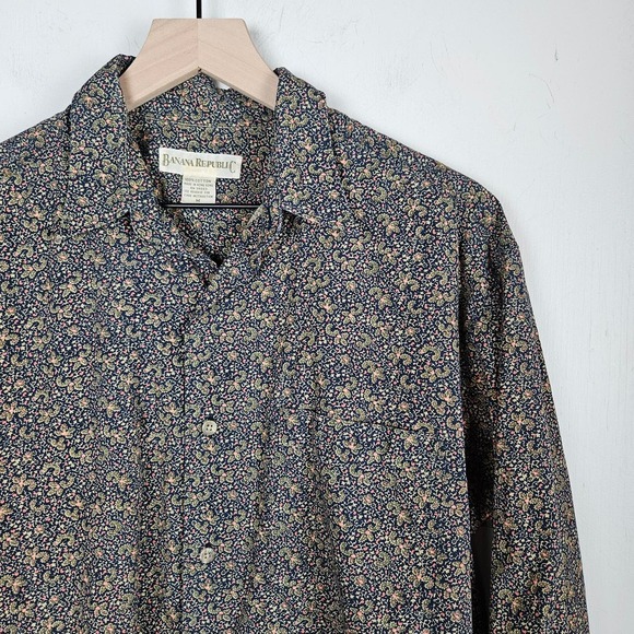 Vintage 80s Banana‎ Republic Paisley Button Down Men's M Navy Long Sleeve Shirt - Picture 1 of 9